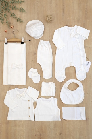 Sitilin Erkek Bebek Beyaz Natıral Pamuk Kumaş Lüks 10 Lu Hastane Çıkışı Set Stl6787 Baskılı
