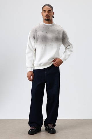 Vamos Yıkamalı Taş Detaylı Oversize Sweatshirt Ekru