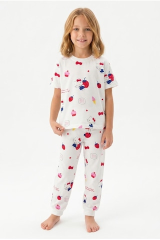 Bunny Hopp Kız Çocuk Pijama Takımı %100 Pamuk Kısa Kollu Yazlık Süprem Penye Beyaz