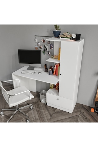 Merlin Mobilya Minör Çalışma Masası Ve 7 Bölmeli Kitaplık Beyaz