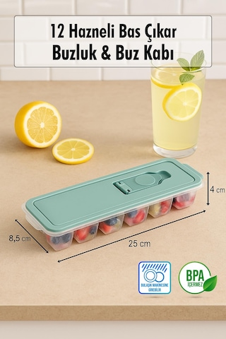 12 Hazneli Bas Çıkar Buzluk & Buz Kabı Beyaz Beyaz