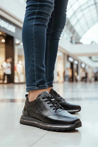 Voyager Siyah Hakiki Deri Lastik Bağcıklı Erkek Sneaker Ortopedik Kaydırmaz Taban