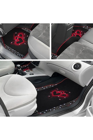 Romantik Kalp Desenli Kadınlara Özel Taşlı Lüks Oto Paspas Takımı Kırmızı Nakışlı Lüks Araç Paspas