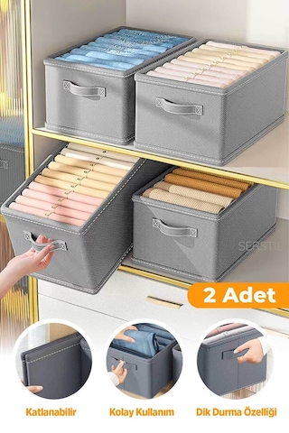 Serstil 2 Adet - Dolap Içi Düzenleyici, Raf Düzenleyici, Katlanabilir Kıyafet Saklama Kutusu 45x25x20 Cm Gri