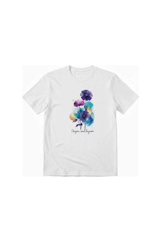 Kadın Beyaz %100 Pamuklu Estetik Sulu Boya Efektli Çiçek Baskılı T-shirt Beyaz