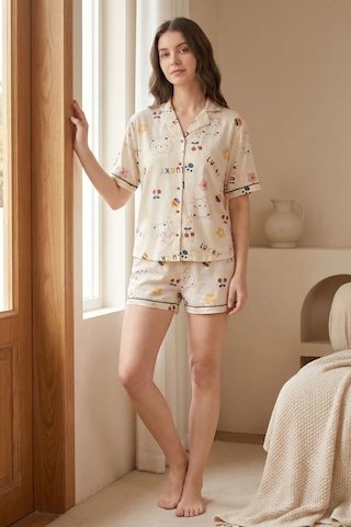 Hepsine Rakip Kadın Düğmeli Kısa Kollu Şortlu Pijama Takımı Cutebear 7518 Krem