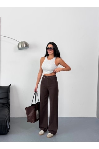 Kadın Kahverengi Wide-leg Jean Yüksek Bel Geniş Paça Kot Pantolon Kahverengi