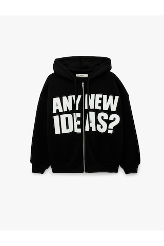 Koton Üç İplik Şardonlu Uzun Kollu Kapüşonlu Baskılı Fermuarlı Sweatshirt Siyah 7wal90005ık