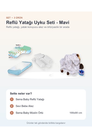Reflü Yatağı Uyku Seti 3 Parça: Reflü Yatağı + Sevi Bebe Alez + Müslin Örtü - Mavi