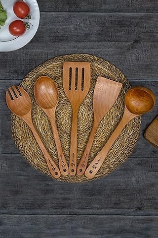 5 Parça ' Pro ' Bambu Teak Ağacı Ahşap Kaşık Tahta Kaşık Mutfak Seti Temizlemesi Kolay Mat Parlak Yüzey