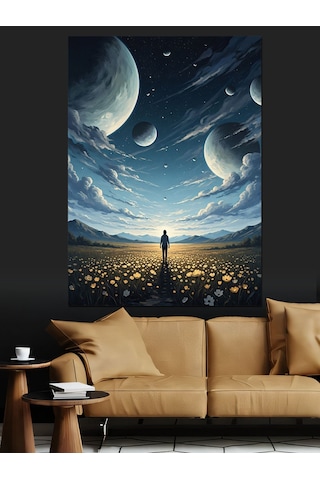 Uzayda Yol Alan Küçük Astronot Dekoratif Kanvas - Mdf Ahşap Tablo