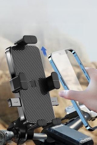 Thentech Motorsiklet Bisiklet Scooter Gidon Bağlantılı Korumalı Sarsılmaz Düşmez Telefon Tutucu Oto Kilitli Siyah