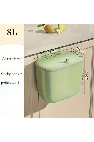 Honeybeeshop Duvar Montajlı Mutfak Çöp Kutusu Dolap Kapısı Asma Gıda Atık Sepeti 8l Avokado Yeşili Mint