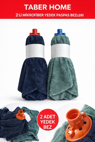 Taber Home 2'li Mikrofiber Yedek Paspas Bezi Vidalı Mop Başlığı Seti - Yüksek Emici Temizlik Bezi