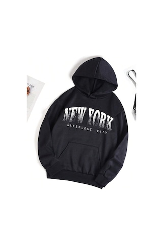 New York Sleepless Sweatshirt - Siyah Baskılı Oversize Kapüşonlu Siyah