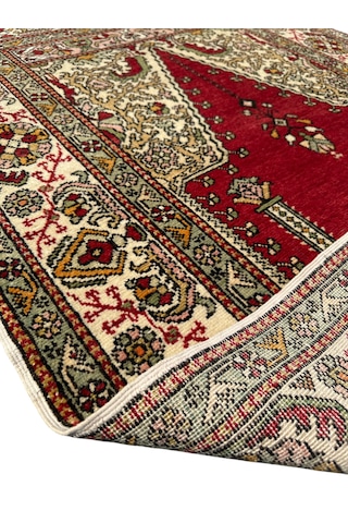 El Dokuması Sıfır Bürüngüz Halısı 107x171 Mihraplı Model Antika Kök Boya Yün Halı Kırmızı