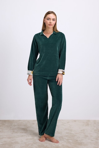 Man11555-1069 Anil Ev Giyim Anıl Kadın Uzun Kollu Kadife Sweatshirt Ve Pantolon Takım Yumuşak Ve Şık Ev Giyimi 11555 Koyu Yeşil