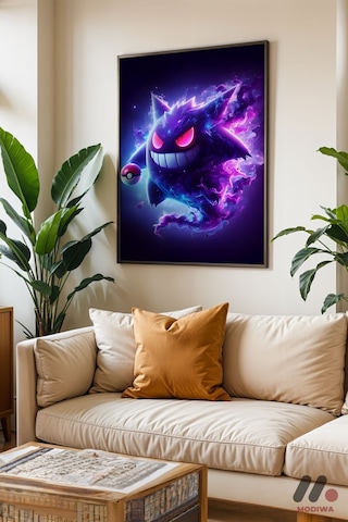 Pokemon Gengar Poster, Siyah Çerçeveli Duvar Tablosu - Anime Severlere Özel Hediye