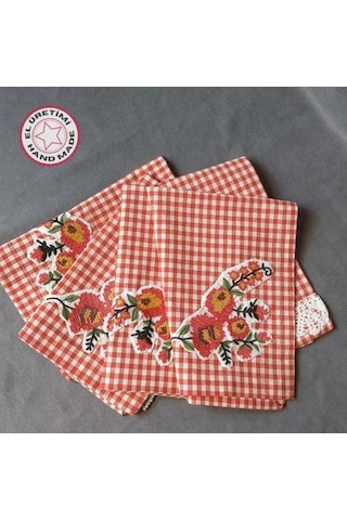 Uretti - Pınar 6788 4280 El Yapımı Dantelli Ve Kanaviçeli 4 Kişilik Amerikan Servis Takımı Kırmızı  -  Beyaz