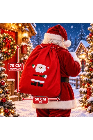1 Adet Noel Baba Çuvalı Noel Baba Hediye Çuvalı Büyük Boy 70x50 Cm Santa Claus Gift Sack 70x50 Cm
