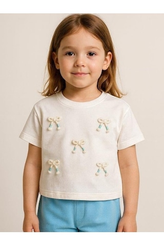 Nk Kids Kız Çocuk Fiyonk İşlemeli Pamuklu T-shirt-15965 Ekru Mavi