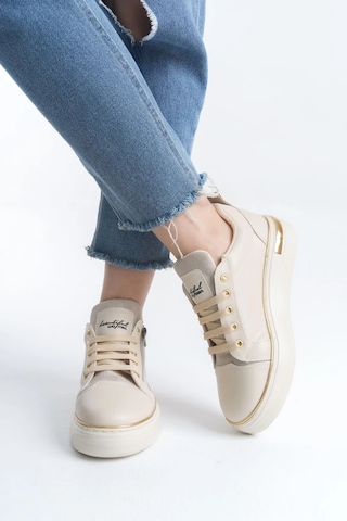 Dına Bağcıklı Fermuarlı Ortopedik Taban Kadın Sneaker Spor Ayakkabı Ckt - Krem/altın Krem
