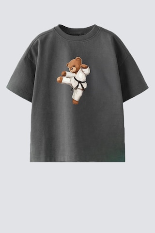 Monila Erkek Çocuk Pamuklu Bisiklet Yaka Karate Ayıcık Baskılı T-shirt Füme