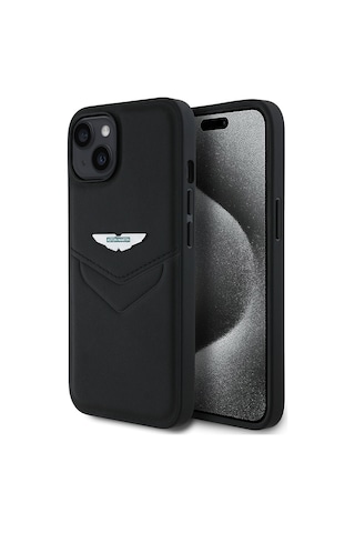 Apple Uyumlu iPhone 15 Kılıf Aston Martin Lisanslı Victory Dizayn Pu Deri Metal Logolu Kapak Siyah