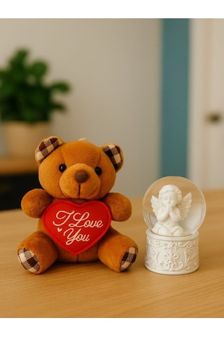 Sevgiliye Eşe Özel Günlere Hediye Sevimli Mini Peluş Ayıcık Ve Mini Melek Kar Küresi Set Kahverengi Renkli