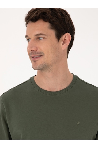 Haki Regular Fit %100 Pamuk 3 İplik Bisiklet Yaka Sweatshirt Yeşil