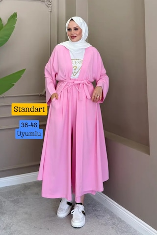 Balenbi Kadın Kuşaklı Kimono Hırka Bol Paça Pantolon Takım Tesettür 2'li Kombin 1230 Pembe