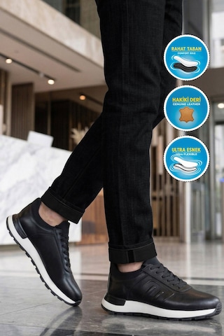 Voyager Erkek Siyah Hakiki Deri Casual Ayakkabı Bağcıklı Rahat Konfor Tabanlı Sneaker M294 M