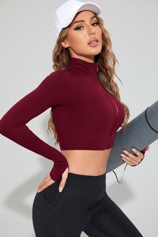 Beru Kadın Bordo Uzun Kol Fermuarlı Parmak Geçme Detaylı Dik Yaka Crop Top Bluz L - XL