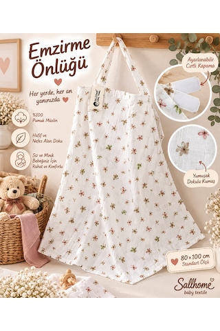 Sallhome Baby Textile %100 Pamuk Müslin Çiçek Desenli Emzirme Önlüğü 80x100 CM Ayarlanabilir Cırtlı Kapama
