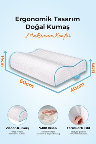 Viscofoam Yüksek Boyun Destekli Ortopedik Yastık Çift Boyun Destekli Visco Yastık - 60x40x14-12cm