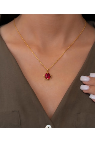 Bayar Gold 14 Ayar Altın Kırmızı Taşlı Telkari Kolye Sarı Altın