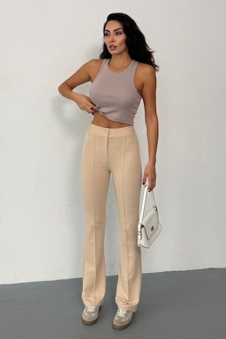 Krep Kumaş Likralı Önü Çimalı Kahverengi Kadın Palazzo Pantolon Bej