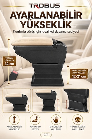Trobus Renault Clio 3 2005-2012 Uyumlu Ayarlanabilir Ayaklı Kolçak Kol Dayama Bardaklıklı Bej Siyah