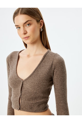 Koton Uzun Kollu Düğmeli V Yaka Crop Örme Pijama Üstü Vizon 5wlk40187mk