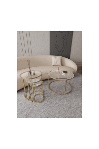 Royal 75cm Zigon Ve Orta Sehpa Seti Mat Gold Eskitme Metal - Temperli Şeffaf Cam Gold Şeffaf