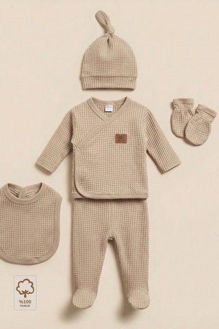Minory Baby - %100 Pamuk 5'li Hastane Çıkışı Seti Yenidoğan 5'li Set Waffle Kumaş Battaniyesiz Kahverengi Kahverengi
