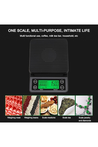 Kosona Kahve Hazırlama Zamanlayıcı Dijital Terazi - 0.1g Hassasiyetli, 3kg Yük Kapasitesi, Siyah Reçine-silikon Malzeme Siyah