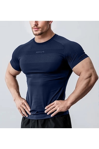Ghassy Co. Erkek Nem Emici Hızlı Kuruyan Renk Solmayan Atletik Teknik Fitness Spor T-shirt Lacıvert