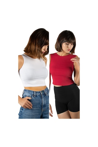 Terapi Men 2'li Paket Beyaz Kırmızı Fitted/vücuda Oturan Crop Halter Yaka Fitilli Esnek Örme Bluz Atlet Beyaz Kırmızı