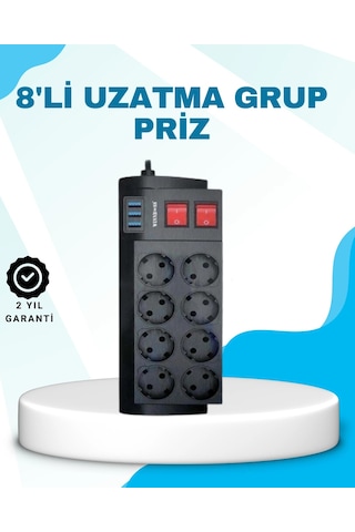 Hubrendy Tekno Isıya Dayanıklı Termal Akım Korumalı 8'li Priz Ve 3 Usb Girişli Uzatma Kablosu