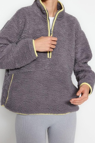 Ersefa Tarz Regular Dik Yaka Düşük Kol Regular Peluş Örme Spor Sweatshir Gri