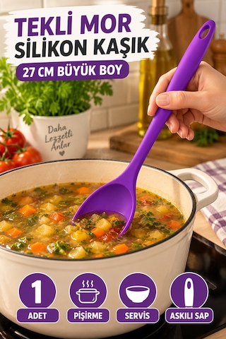 Tekli Mor Büyük Boy Silikon Kaşık 27 Cm Mutfak Yemek Pişirme Ve Servis Kaşığı Evde Yemek Sunumu İçin