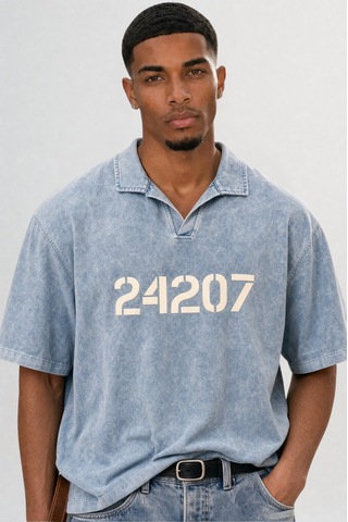 Respire Erkek 24207 Baskılı Yıkamalı Oversize T-shirt Mavi