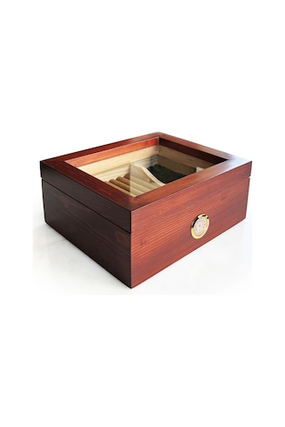 Mezmob Masif Yerli Sedir Ağacı Humidor Puro Kutusu Camlı 2 Bölmeli