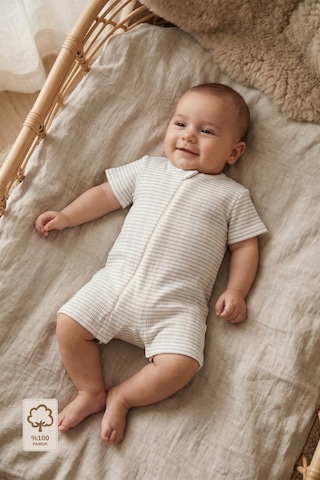 Minory Baby - Fermuarlı Çizgili Kısa Kollu Yazlık Bebek Tulum Gri Gri